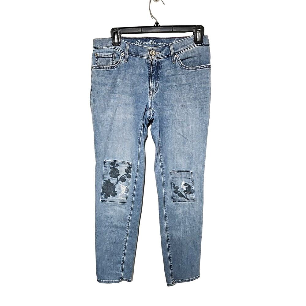 Eddie Bauer Women's Boyfriend Slim Jeans Light Wash Size 2 Patchwork Baggy Boho